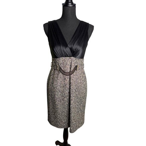 Rickie Freeman Terri Jon Women's Black Silk & Pebbled Tweed Wool Dress 6 - Picture 1 of 16